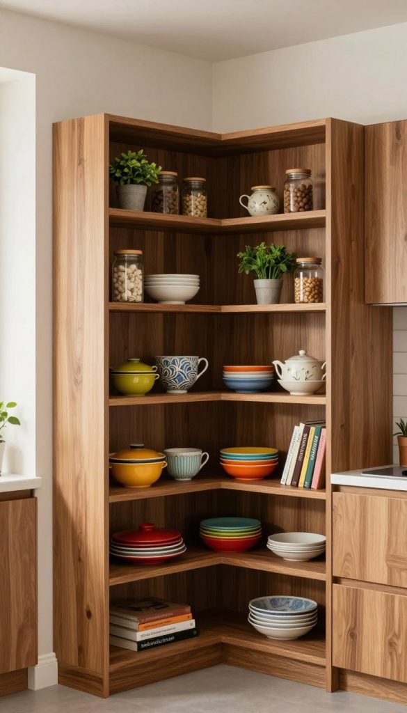 A beautifully designed corner kitchen cabinet featuring elegant open shelving and floating shelves, showcasing an array of decorative kitchenware, with glass jars and potted herbs. The foreground consists of sleek wooden shelves, artfully arranged with vibrant dishes and cookbooks. The middle ground showcases the corner cabinet itself, crafted from modern cabinetry with a smooth finish, while the background includes a softly lit kitchen ambiance with neutral-colored walls and warm wooden accents. The lighting is bright and inviting, emphasizing the texture of the wood and the contrast of colorful kitchen items. The perspective is a slight angle, capturing the depth of the corner space, creating a cozy and functional atmosphere perfect for maximizing use of dead space.