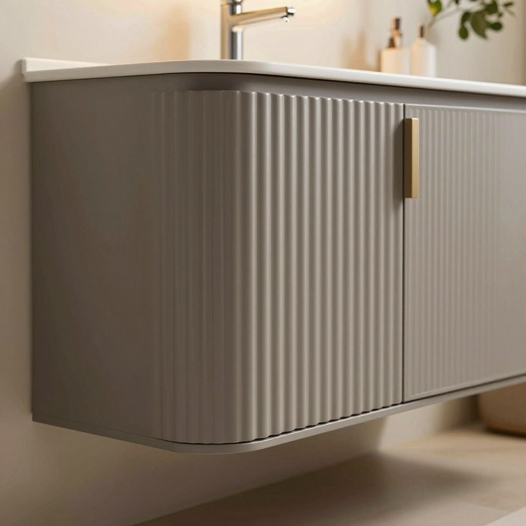 A beautifully designed curved ribbed vanity cabinet in a warm gray finish, elegantly showcasing its textured, semi-circular ribs that create a sense of depth and sophistication. The cabinet features sleek metallic accents and minimalist hardware for a modern touch. Placed in a chic, well-lit bathroom setting, the soft, diffused lighting casts gentle shadows, highlighting the cabinet's contours and details. In the background, subtle hints of natural wood elements and greenery create a warm and inviting atmosphere. Captured from a slightly angled perspective to emphasize the curvature, the image evokes a sense of luxury and tranquility, perfect for contemporary bathroom aesthetics.