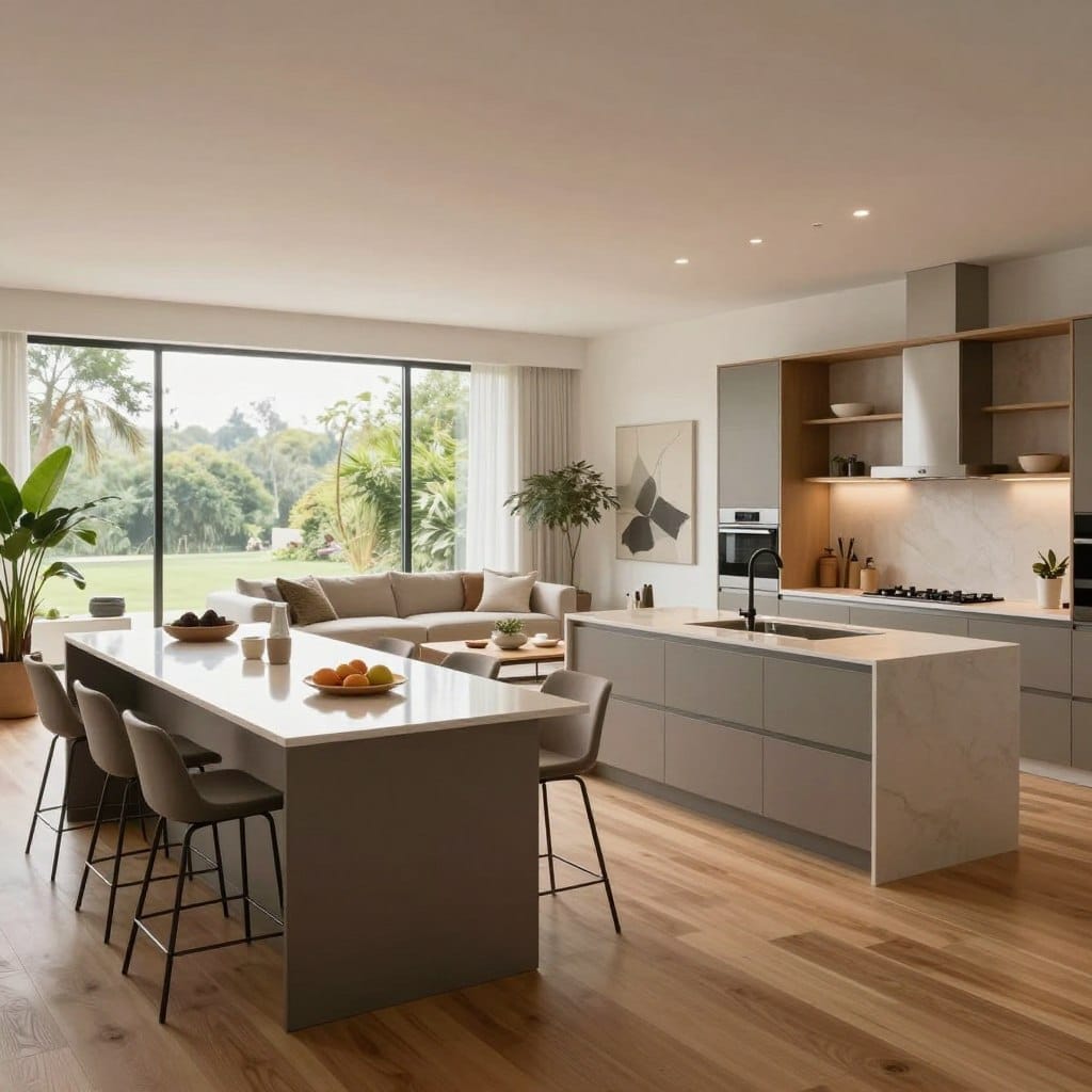 A beautifully designed double island kitchen seamlessly integrated with a spacious living area. In the foreground, two elegant kitchen islands with sleek countertops, surrounded by modern bar stools. The middle section features a bright and airy living space with a large, comfortable sectional sofa, tasteful decor, and a coffee table. Floor-to-ceiling windows provide generous natural light, illuminating the warm wooden floors. The background showcases stylish cabinetry and high-end appliances, with plants adding a touch of nature. Soft, ambient lighting creates a welcoming atmosphere. The scene is captured with a wide-angle lens, giving a sense of openness, while emphasizing a harmonious blend of cooking and living space, ideal for family gatherings.