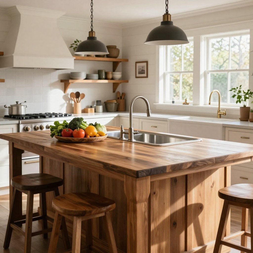 A beautifully designed farmhouse kitchen island featuring a large stainless steel sink seamlessly integrated into its surface. The island is made of natural wood with a polished finish, surrounded by elegant bar stools. In the foreground, fresh produce and kitchen utensils are artfully arranged, enhancing the practical yet chic atmosphere. The middle ground shows the sink with a vintage-style faucet, set against a backdrop of open shelving displaying rustic dishware and farmhouse decor. Natural light streams in from large windows, casting a warm glow across the space. The background includes white shiplap walls and classic pendant lighting, creating a cozy, inviting mood. The overall composition captures the essence of modern farmhouse design, highlighting practicality intertwined with rustic elegance.