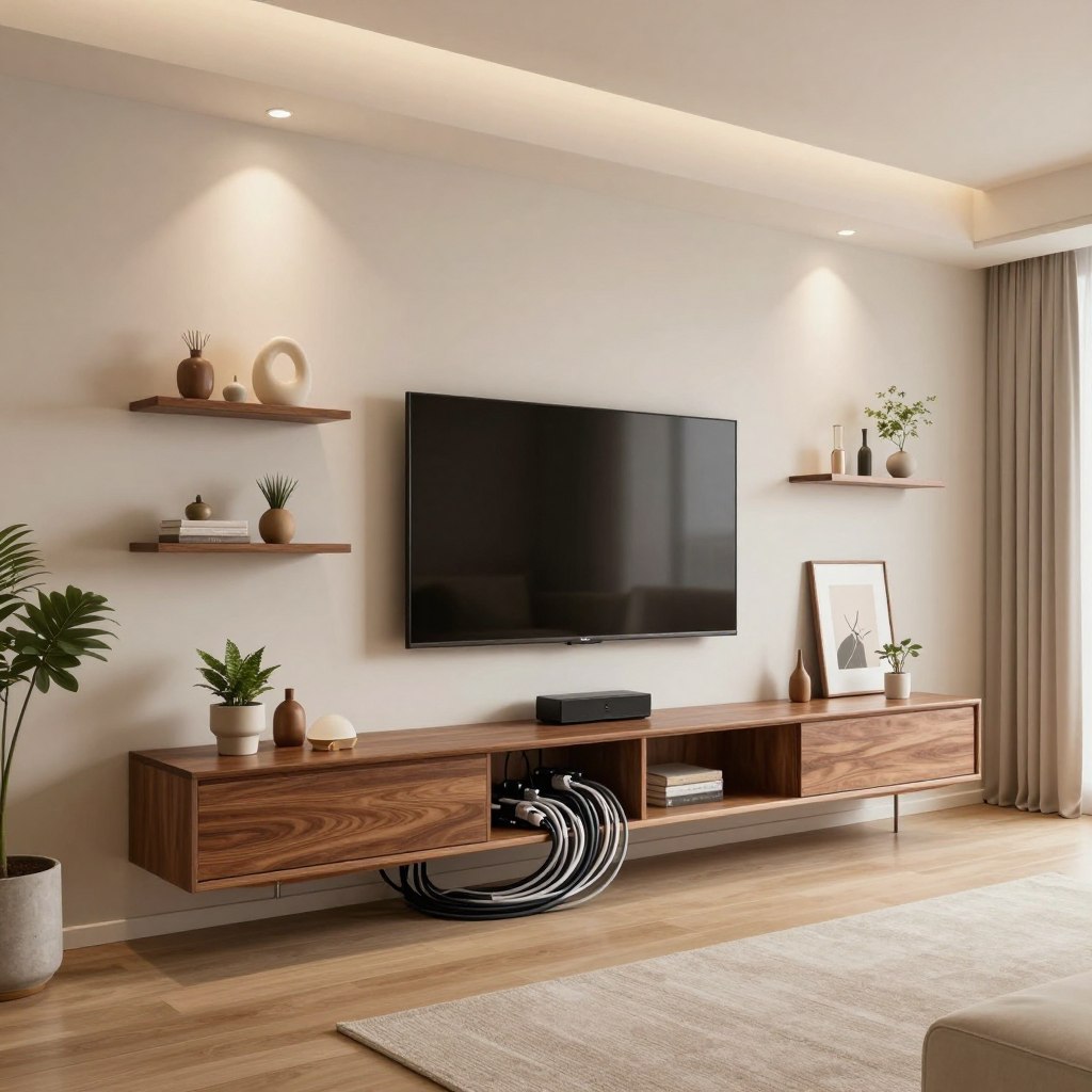 A beautifully designed floating entertainment center against a minimalist living room backdrop. In the foreground, an organized array of cables neatly tucked behind the wall-mounted TV and the sleek floating shelves, demonstrating effective cable management. The entertainment center features rich wood tones, with modern decorative elements like plants and framed art. Soft, diffused lighting from recessed ceiling fixtures casts a warm glow, enhancing the inviting atmosphere. The angle captures a wide view, showcasing the clean lines and spaciousness of the room. The overall mood is serene and sophisticated, perfect for a contemporary, clutter-free living space.