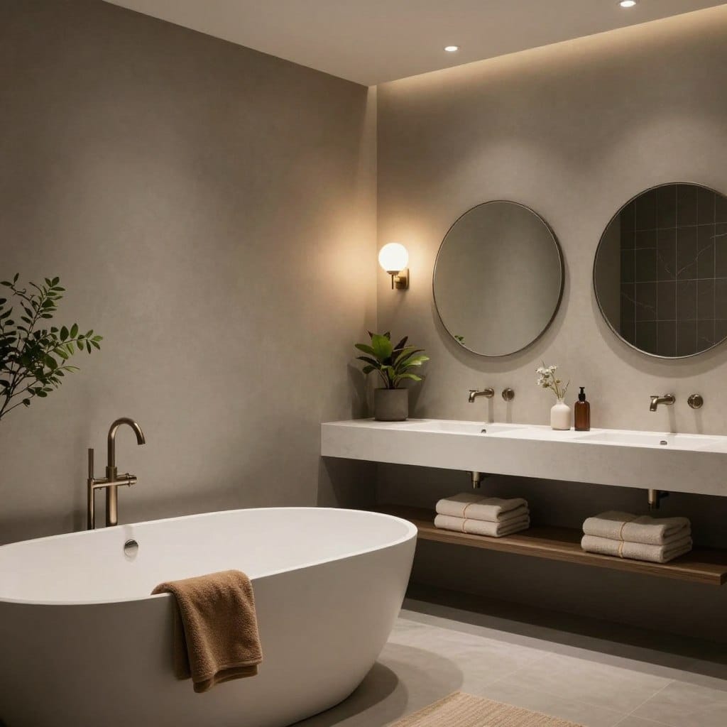 A beautifully designed greige bathroom with subtle, warm tones ideal for dark spaces. The foreground features elegant fixtures, including a modern freestanding bathtub and a sleek vanity with round mirrors. The middle ground showcases soft, ambient lighting from wall sconces, casting a gentle glow on the greige-painted walls. Decorative plants and chic towels in complementary colors add a touch of coziness. The background displays dark tiles, creating contrast and depth. The atmosphere is calming and inviting, with a hint of sophistication. The lens captures this space from a slightly elevated angle, emphasizing the layered textures and harmony of colors, perfect for illustrating the advantages of greige in a bathroom without natural light.