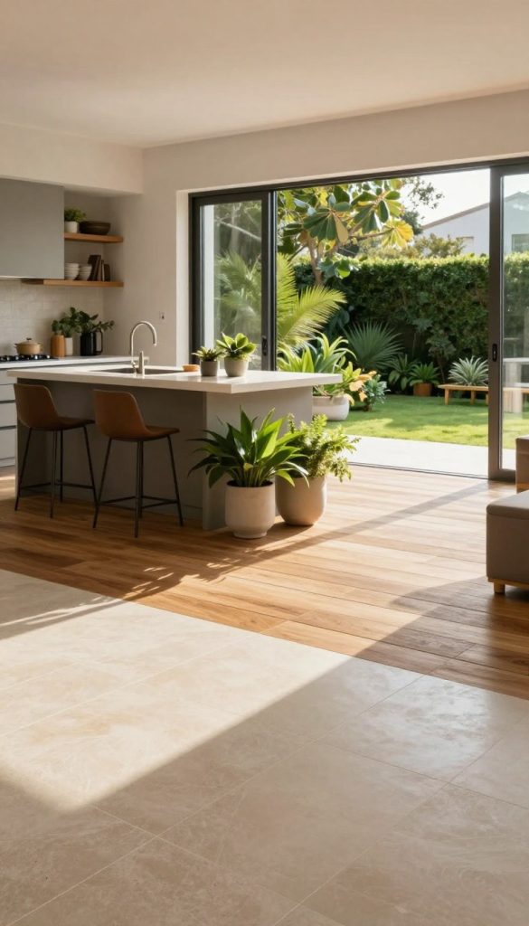 A beautifully designed indoor-outdoor kitchen showcasing a seamless transition in flooring materials. In the foreground, sleek porcelain tiles in warm beige seamlessly blend into natural wood planks that define the outdoor area. The middle layer features an elegant kitchen island with contemporary fixtures and lush greenery in stylish planters, inviting a relaxed atmosphere. In the background, large glass sliding doors open to a vibrant garden, with sunlight gently illuminating the space, creating soft shadows across the floors. The angle captures the connection between indoor comfort and outdoor freshness, highlighting how the choice of flooring enhances the overall design. The mood is inviting, modern, and harmonious, emphasizing unity and flow between the two spaces.