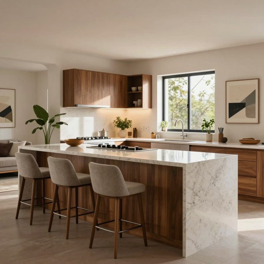 A beautifully designed integrated kitchen island situated in a modern open concept space, featuring sleek quartz countertops and rich wooden cabinetry. In the foreground, the island showcases stylish barstools with elegant upholstery, inviting a social atmosphere. In the middle, the kitchen is illuminated by warm, natural light pouring in through large windows, highlighting stainless steel appliances and minimalist decor. The background reveals an airy living room area connecting seamlessly with the kitchen, decorated with lush indoor plants and contemporary art. The overall ambiance is inviting and functional, capturing the essence of modern living. The image is shot from a slight angle, emphasizing depth and space, with soft focus on the background for a cozy, harmonious feel.
