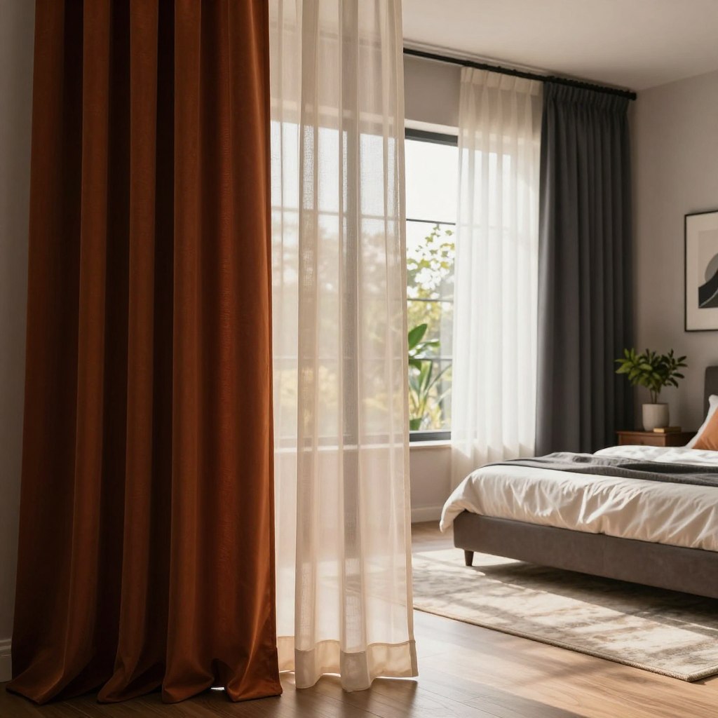 A beautifully designed interior showcasing a layered blackout curtain system in a West-facing bedroom. In the foreground, vibrant, rich fabric curtains, with a smooth drape, showcasing a combination of sheer and blackout materials in complementary colors. The middle ground features a large window with sunlight filtering through the sheer layers, creating a soft, diffused glow. The background reveals a cozy, stylish bedroom setup, with a neatly made bed and tasteful decor elements like potted plants and artwork. The scene is warmly lit, evoking a serene and relaxing atmosphere, captured from a slightly angled perspective to highlight the texture and layering of the curtains. The overall mood is calming and sophisticated, ideal for a peaceful retreat.