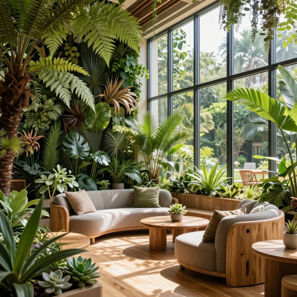 A beautifully designed interior space showcasing biophilic design integration. In the foreground, a cozy seating area features comfortable, modern furniture made from natural materials, surrounded by lush indoor plants like ferns and succulents. The middle ground reveals large, floor-to-ceiling windows that flood the space with natural light, showcasing a vibrant view of a green garden. Sunlight dapples through the leaves, creating soft patterns on the wooden floor. In the background, a living wall with a variety of plants adds texture and warmth to the space. The atmosphere is serene and inviting, evoking a harmonious connection between nature and interior design. The image is captured with a wide-angle lens to encompass the entire room, with soft, natural lighting that highlights the organic elements of the decor.
