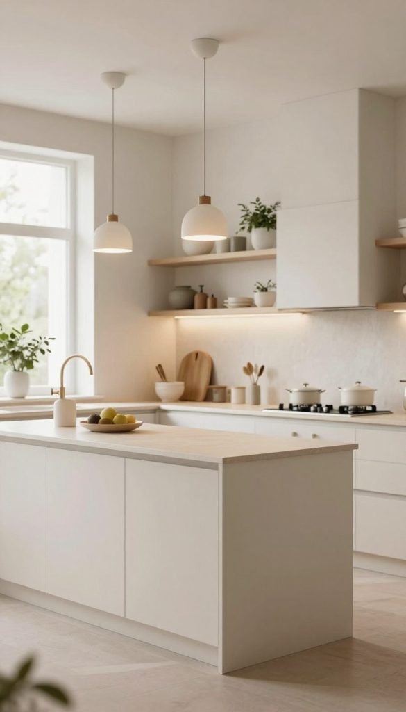 A beautifully designed kitchen featuring a palette of soft whites and warm creams, creating a sophisticated and airy atmosphere. In the foreground, there are elegant cabinets painted in a delicate off-white, complemented by warm cream countertops. A modern, minimalist island with subtle textures stands at the center, illuminated by soft pendant lights that cast a warm glow. The middle layer showcases a harmonious arrangement of open shelving adorned with tasteful ceramics and plants, against a backdrop of light, textured walls. The background reveals large windows allowing natural light to flood in, enhancing the gentle color palette. The scene is softly lit for a cozy, inviting feel, with a shallow depth of field to emphasize the kitchen's serene ambiance.