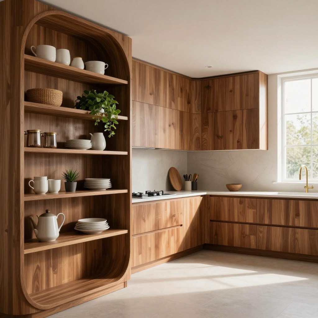 A beautifully designed kitchen featuring elegant curved cabinetry and shelving. In the foreground, showcase smooth, arching wood shelves with sleek finishes, displaying stylish kitchenware and plants. In the middle ground, display flowing cabinetry that hugs the walls, crafted from rich, warm wood tones, seamlessly blending into the overall design. The backdrop includes large windows allowing natural light to flood the space, casting soft shadows. The overall mood is inviting yet sophisticated, with a hint of modern elegance. Use soft, diffused lighting to enhance the warm tones of the wood. Capture the scene from a slightly elevated angle to showcase the depth and flow of the cabinetry, making the kitchen appear spacious and airy.