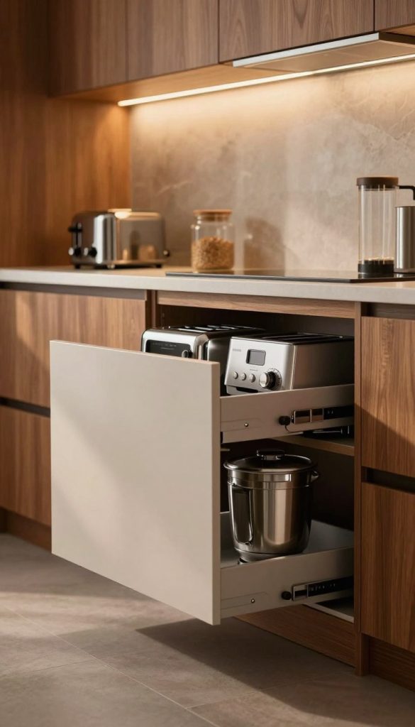 A beautifully designed kitchen featuring hidden drawer-style appliances seamlessly integrated into elegant cabinetry. The foreground displays sleek, minimalist kitchen drawers slightly open, revealing modern appliances like a toaster, coffee maker, and a mixer, all in stainless steel finish. In the middle, warm wood tones and subtle textures in the cabinetry create a cozy yet sophisticated atmosphere. The background showcases a stylish backsplash and under-cabinet lighting that casts a soft glow, highlighting the concealed appliances. The scene is captured from a slight angle to showcase depth, with a focus on the harmonious blend of functionality and aesthetics. Warm, inviting lighting enhances the overall mood, inviting viewers to envision a clutter-free kitchen space.