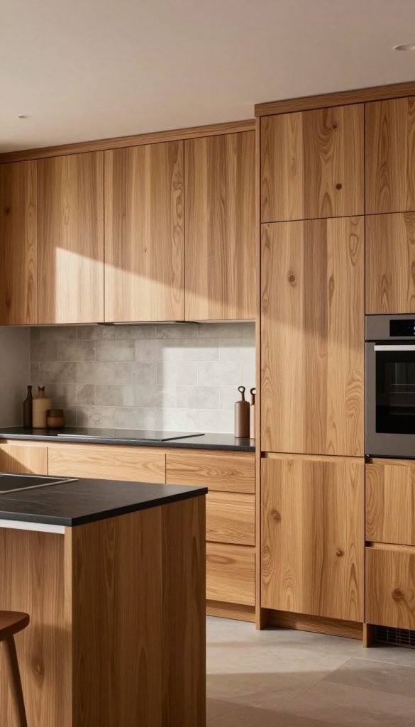 A beautifully designed kitchen featuring rift-cut white oak cabinets with a sophisticated vertical grain pattern. The cabinets showcase a warm, inviting tone that enhances the overall luxury of the space. In the foreground, a sleek kitchen island with a contrasting dark countertop complements the cabinetry. The middle ground reveals an elegantly arranged backsplash with muted tile, harmonizing with the oak’s natural texture. Soft, diffused lighting illuminates the scene, creating an airy atmosphere while casting gentle shadows that accentuate the grain of the wood. In the background, modern appliances integrate seamlessly with the cabinetry, completing the contemporary aesthetic of this inviting kitchen space.