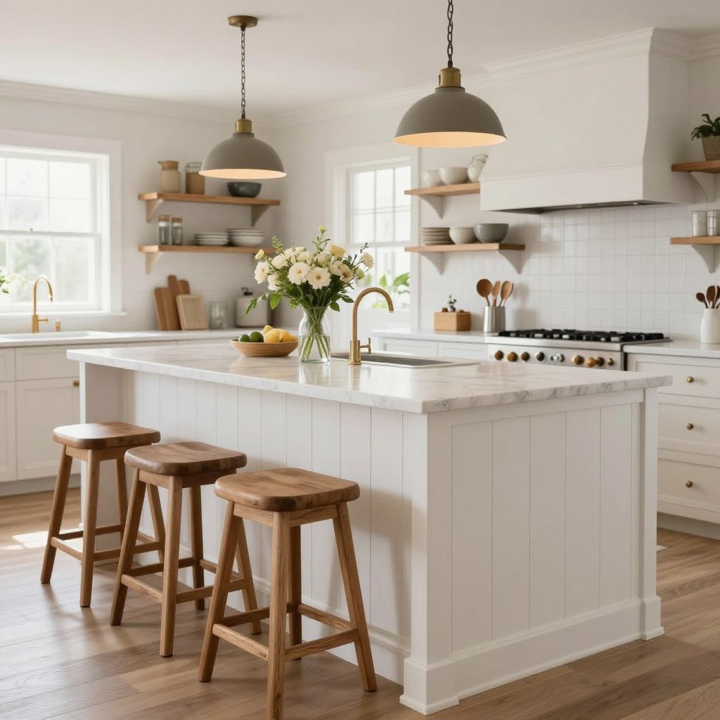 A beautifully designed kitchen island featuring shiplap paneling, showcasing a rustic yet chic aesthetic. In the foreground, the island boasts a smooth marble countertop with minimal decorative elements like a vase of fresh flowers and wooden utensils. The shiplap paneling is painted in a soft white hue, emphasizing classic charm and warmth. In the middle ground, sleek wooden bar stools with comfortable cushions are positioned around the island. The background is a bright kitchen filled with natural light, showcasing open shelving with rustic dishware and hanging pendant lights casting a warm glow. The overall atmosphere is inviting and cozy, ideal for family gatherings. Captured with a wide-angle lens, the image presents a harmonious blend of modern and farmhouse styles, creating a tranquil yet stylish kitchen environment.
