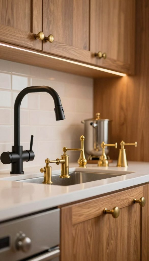 A beautifully designed kitchen scene featuring an array of mixing metals hardware, prominently displaying brass, chrome, and matte black finishes. In the foreground, show a sleek matte black faucet next to polished chrome cabinet handles and warm brass knobs, highlighting the contrast in texture and color. The middle ground should include wooden cabinets with a rich finish to complement the metals, adorned with subtle lighting that casts a warm glow. In the background, a soft-focus wall with elegant tile work adds to the overall upscale aesthetic. Use natural light to create a cozy, inviting atmosphere, capturing the harmonious integration of mixed metal elements in modern kitchen design. The image should be shot from a slightly elevated angle to provide a comprehensive view of the hardware.