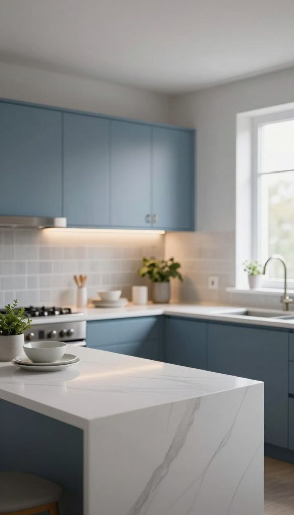 A beautifully designed kitchen showcasing an elegant color palette of dusty blues and soft grays. In the foreground, a stylish kitchen island features a smooth white countertop with delicate gray veining. The middle section highlights sleek cabinetry in muted blue tones, complemented by minimalist gray backsplash tiles. Subtle stainless steel appliances add a modern touch. The background reveals soft, ambient lighting that creates a warm atmosphere, illuminating the space without harsh shadows. Large windows allow natural light to filter in, providing a refreshing feel. Decorative elements like potted herbs and chic dishware enhance the sophisticated, airy mood. The overall composition evokes tranquility and inviting elegance, perfect for a modern kitchen setting.