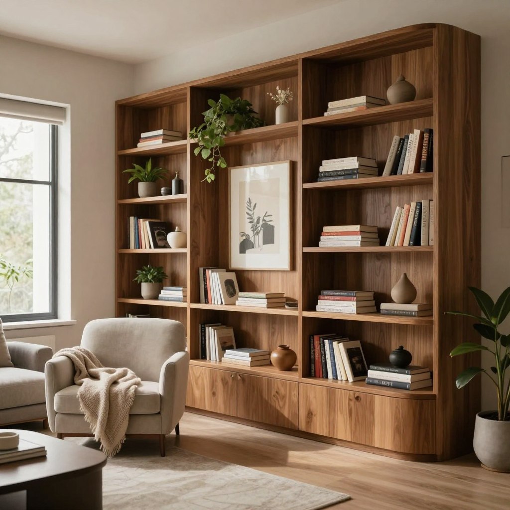 A beautifully designed living room featuring curved nook-style built-ins, showcasing elegant bookshelves filled with a curated collection of books and decorative items. The foreground includes a cozy reading nook with a plush armchair and a soft throw blanket, inviting relaxation. In the middle, the built-in shelves have smooth, rounded edges with warm wood finishes, adorned with potted plants and tasteful artwork. The background displays a softly lit room with large windows letting in natural light, creating a serene and inviting atmosphere. The room should be styled with neutral tones, allowing the rich wood grains of the shelves to stand out. Use a soft focus lens to capture the warmth and harmony of this unique living room design with a warm, welcoming mood. A beautifully designed living room featuring curved nook-style built-ins, showcasing elegant bookshelves filled with a curated collection of books and decorative items. The foreground includes a cozy reading nook with a plush armchair and a soft throw blanket, inviting relaxation. In the middle, the built-in shelves have smooth, rounded edges with warm wood finishes, adorned with potted plants and tasteful artwork. The background displays a softly lit room with large windows letting in natural light, creating a serene and inviting atmosphere. The room should be styled with neutral tones, allowing the rich wood grains of the shelves to stand out. Use a soft focus lens to capture the warmth and harmony of this unique living room design with a warm, welcoming mood.
