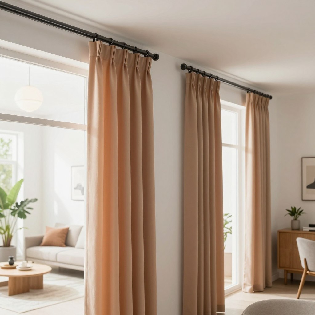 A beautifully designed living room featuring long-lasting curtain tracks elegantly mounted near a large window. In the foreground, showcase the sleek, modern curtain tracks with a smooth finish, highlighting their durability and functionality. In the middle ground, billowing curtains in warm, inviting colors drape gracefully from the tracks, creating a soft contrast against the crisp white walls. The background reveals a tastefully decorated living space with cozy furniture, potted plants, and gentle lighting that filters in through the window, enhancing the atmosphere. Use soft, natural lighting to create a serene and inviting mood. Capture the scene from a slightly angled perspective to emphasize both the curtain tracks and the overall aesthetics of the room, showcasing the balance of beauty and practicality in home decor.