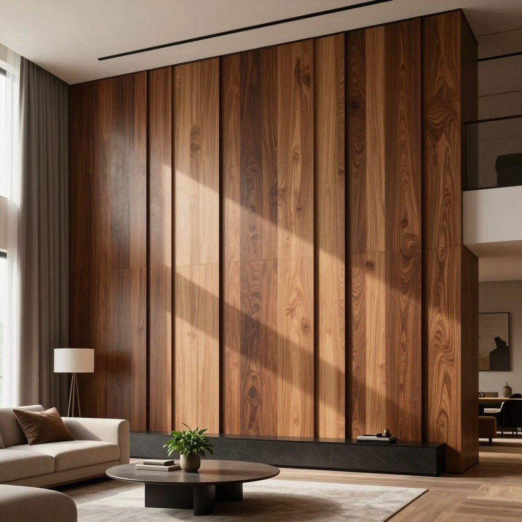 A beautifully designed living room featuring vertical tongue and groove wood paneling, showcasing varying shades of rich browns and warm beige tones. The panels are expertly crafted, emphasizing height and elegance within the room. The foreground includes a tasteful arrangement of modern, minimalist furniture, such as a sleek sofa and a stylish coffee table adorned with a small plant. In the middle ground, the wood paneling serves as the main focal point, allowing natural light to filter through large windows, casting soft shadows across the surface. The background fades into subtle decor, enhancing the sophisticated atmosphere. The image is captured from a low angle, emphasizing the ceiling height and the rich texture of the wood, with a warm, inviting ambiance and soft lighting for a cozy feel.