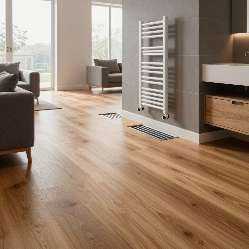 A beautifully designed living room showcasing an underfloor heating system in a modern home. In the foreground, sleek, warm wooden flooring contrasts with elegant, minimalist furniture arranged for comfort. In the middle, a stylish radiator towel warmer against a tiled wall adds functionality and visual appeal. The background features large windows letting in natural light, creating a bright and airy atmosphere. Soft, diffused lighting enhances the warmth of the space, while the overall color palette consists of earthy tones and cool grays for modern sophistication. The camera angle is slightly elevated, giving a clear view of the underfloor heating setup beneath the flooring, emphasizing its hidden yet essential role in home comfort.