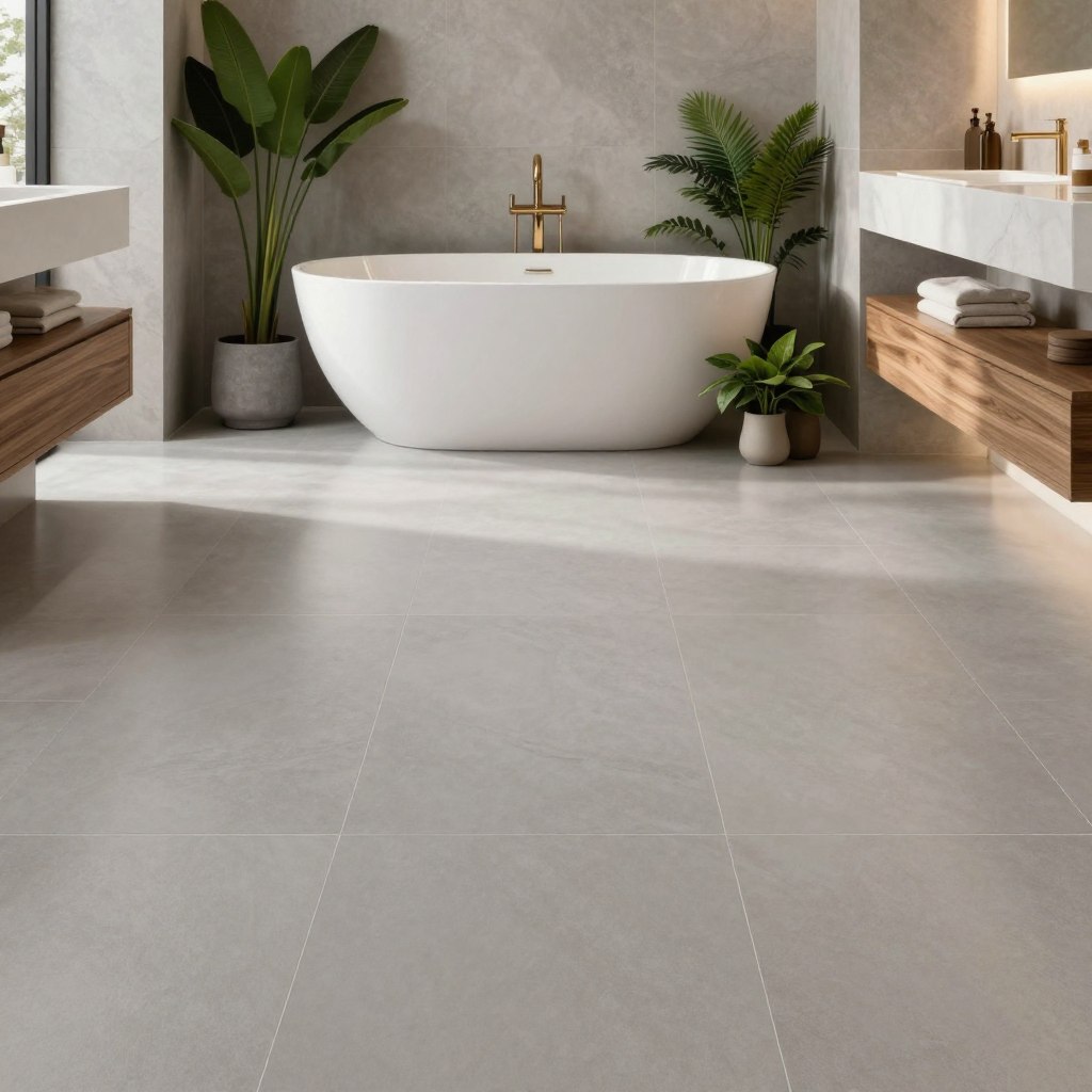 A beautifully designed luxury bathroom showcasing the benefits of matte finish flooring. In the foreground, a sleek, matte tile in a soft gray tone is elegantly arranged, reflecting the light subtly to highlight its non-glossy texture. The middle section features a modern freestanding bathtub adorned with lush green plants and elegant decor that complements the matte flooring. The background reveals a stylish, minimalistic vanity with soft, warm lighting accentuating the serene atmosphere. High-quality materials such as natural stone and wood accents blend harmoniously, enhancing the overall aesthetic. The image captures a peaceful and inviting ambiance, embodying tranquility and sophistication, with diffused light casting gentle shadows throughout the space.