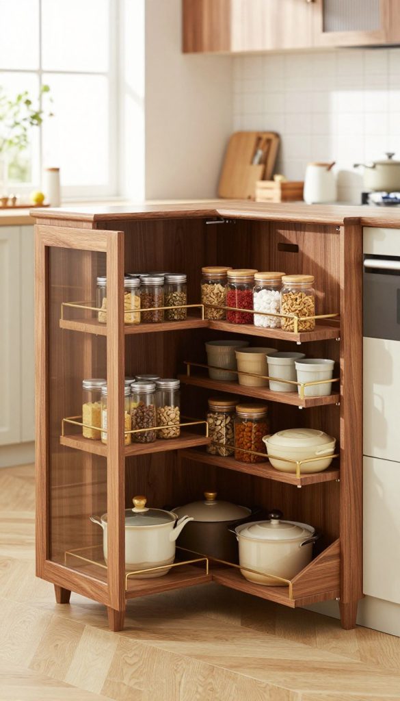 A beautifully designed magic corner cabinet organizer system featuring elegant swing-out shelves, strategically positioned in a bright and airy kitchen setting. In the foreground, the cabinet is open, showcasing shelves that smoothly glide out, filled with neatly arranged kitchen items like spices, pots, and pans. The middle layer includes the sleek cabinet structure, crafted from high-quality wood with a warm finish, and glass accents that add a touch of sophistication. In the background, a light-filled kitchen with soft, natural lighting highlights the cabinet's accessibility and functionality. The atmosphere is inviting and organized, emphasizing the clever use of corner spaces in modern kitchen design. The angle captures the full depth of the cabinet while keeping the focus on the innovative swing-out feature.