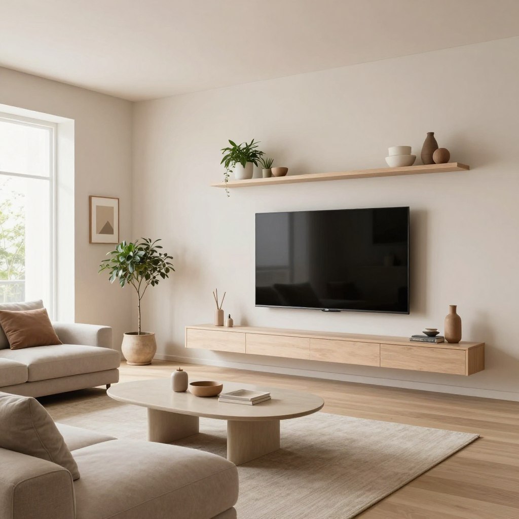 A beautifully designed minimalist living room showcasing innovative modern wall mount solutions for a floating TV. In the foreground, a sleek, flat-screen television is mounted effortlessly on a light-colored wall with decorative minimalist shelves holding tasteful plants and decor items. In the middle, a contemporary coffee table and a stylish, low-profile sofa with neutral-toned cushions create a relaxed atmosphere. The background features large windows allowing soft, natural light to illuminate the space, enhancing the airy feel. The room is decorated in soft pastel hues, accompanied by minimalistic art on the walls. The mood is calm and sophisticated, emphasizing a clutter-free environment perfect for contemporary living. The angle is a wide shot, capturing the entire room's aesthetic.