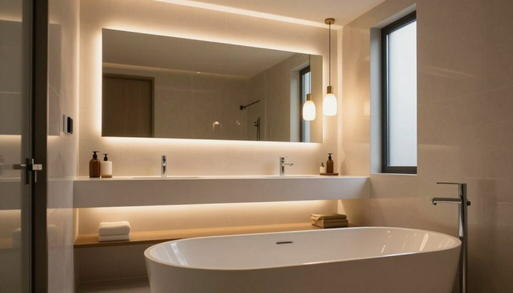 A beautifully designed modern bathroom featuring layered lighting design. In the foreground, soft LED strips illuminate the edges of a sleek, freestanding bathtub, creating a warm and inviting atmosphere. The middle layer showcases a stylish backlit vanity mirror, reflecting the glow of pendant lights hanging from the ceiling above a minimalist sink. Subtle recessed lighting casts a gentle ambiance across the room, highlighting the elegant tilework on the walls. The background reveals frosted glass windows allowing natural light to filter in, merging with the artificial lighting. The overall mood is calm and sophisticated, emphasizing a blend of functionality and modern aesthetics. The image is captured from a slight angle, showcasing the depth and layering of the different light sources harmonizing in the space. A beautifully designed modern bathroom featuring layered lighting design. In the foreground, soft LED strips illuminate the edges of a sleek, freestanding bathtub, creating a warm and inviting atmosphere. The middle layer showcases a stylish backlit vanity mirror, reflecting the glow of pendant lights hanging from the ceiling above a minimalist sink. Subtle recessed lighting casts a gentle ambiance across the room, highlighting the elegant tilework on the walls. The background reveals frosted glass windows allowing natural light to filter in, merging with the artificial lighting. The overall mood is calm and sophisticated, emphasizing a blend of functionality and modern aesthetics. The image is captured from a slight angle, showcasing the depth and layering of the different light sources harmonizing in the space.