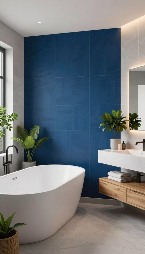 A beautifully designed modern bathroom showcasing innovative accent wall ideas. In the foreground, highlight a striking deep blue accent wall adorned with subtle geometric patterns that contrast with light gray tiles. In the middle ground, feature a freestanding white bathtub and a sleek wooden vanity with minimalistic decor. The background includes soft, ambient lighting that enhances the serene atmosphere, with elegant mirrors reflecting the accent wall's color. Include lush green plants to add a touch of nature, while the overall mood is tranquil and inviting. Use a wide-angle perspective to capture the entire scene, emphasizing the harmonious blend of colors and textures, suggesting a luxurious yet cozy space.