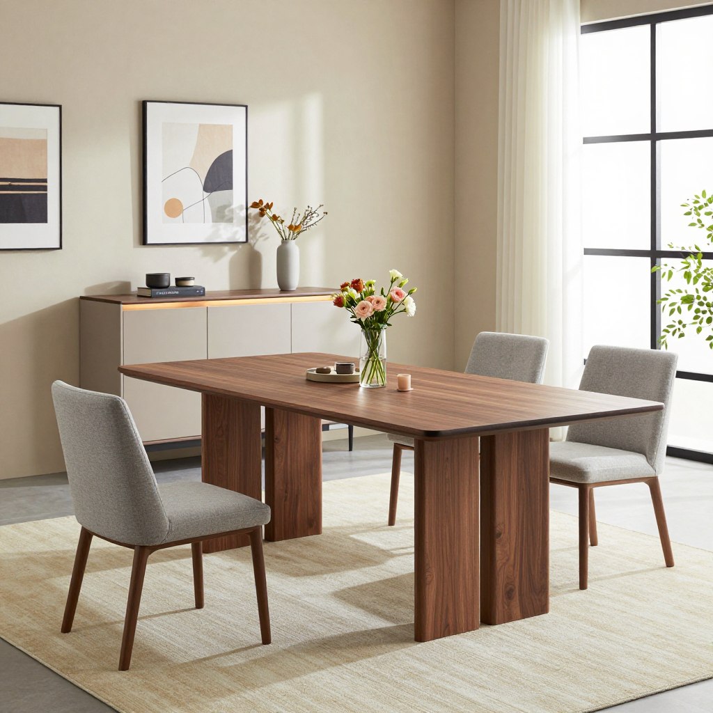 A beautifully designed modern dining room with sleek furniture featuring a large, rectangular wooden dining table with a rich walnut finish, surrounded by minimalist chairs upholstered in light grey fabric. In the foreground, an elegant centerpiece of fresh flowers adds a touch of color. The middle ground showcases a stylish, contemporary sideboard with clean lines and integrated lighting. The walls are adorned with tasteful artwork, and a large window provides ample natural light, creating an inviting atmosphere. A soft area rug in shades of cream and beige anchors the space. The background features a subtle play of shadows, suggesting late afternoon sunlight, enhancing the cozy yet sophisticated mood of the room. The composition should evoke warmth and modernity, capturing essential dining room ideas that modern designers love.