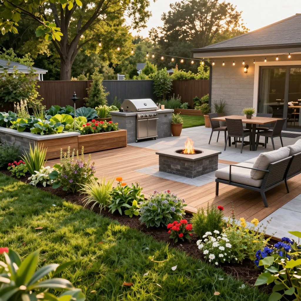 A beautifully designed modern family backyard layout featuring a spacious patio with comfortable outdoor seating, a fire pit, and a dining area under elegant string lights. In the foreground, lush green grass and colorful flower beds create a vibrant atmosphere. The middle ground showcases a sleek wooden deck with a modern grill, surrounded by planters filled with various herbs and flowers. In the background, a small, well-maintained vegetable garden is bordered by tall trees, providing privacy and shade. The scene is bathed in warm, golden hour sunlight, casting soft shadows and creating a relaxed ambiance. Capture this inviting space from a slightly elevated angle to emphasize the layout and organization, reflecting a perfect modern oasis for family gatherings.