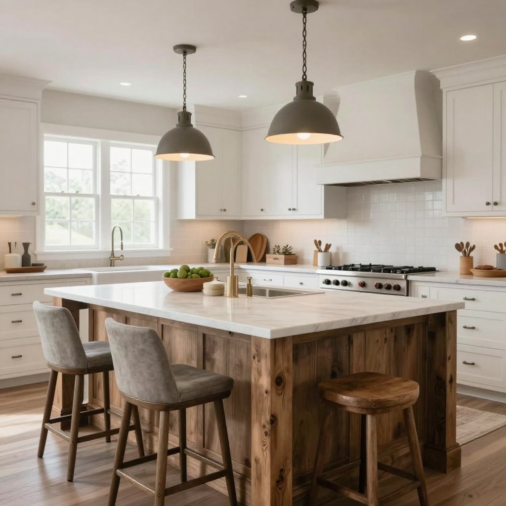 A beautifully designed modern farmhouse kitchen featuring a large, rustic kitchen island at the center, crafted from reclaimed wood with an elegant, white marble countertop. The island is surrounded by stylish bar stools with a vintage finish. In the background, sleek, white cabinetry complements the warm, neutral tones of the decor, while farmhouse-style pendant lights cast a soft glow over the space. Large windows allow natural light to flood in, illuminating the intricate details of the kitchen. The atmosphere is inviting and relaxed, embodying a chic yet rustic aesthetic. Photographed with a wide-angle lens to capture the full ambiance, with a slight soft focus to enhance warmth and coziness.