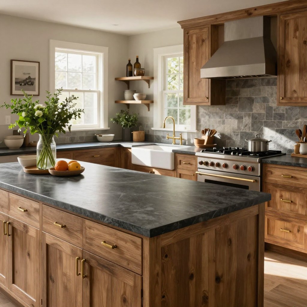 A beautifully designed modern farmhouse kitchen featuring elegant soapstone countertops with a rich, deep gray color and subtle veining, showcasing their timeless durability. In the foreground, a spacious kitchen island is adorned with rustic wooden cabinets and polished brass hardware. The middle layer includes stylish kitchen appliances and a farmhouse sink, complemented by decorative kitchenware and a bouquet of fresh herbs. The background features warm, natural light streaming in through a large window, casting soft shadows that enhance the stone's texture. The scene is inviting and cozy, with earthy tones and a touch of greenery, evoking a rustic yet chic ambiance perfect for a timeless kitchen design. Use a wide-angle lens to capture the inviting layout and warm atmosphere.