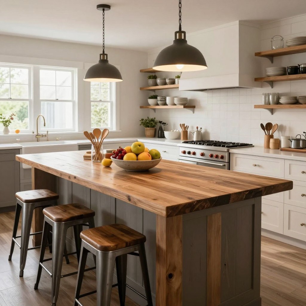 A beautifully designed modern farmhouse kitchen island, featuring a large, rustic wooden countertop with a weathered finish. In the foreground, there's an inviting arrangement of fresh fruits in a modern bowl, surrounded by elegant kitchen utensils. The middle ground showcases the island with stylish bar stools, made of metal and wood, while pendant lights cast warm, inviting illumination. The kitchen backdrop includes white shiplap walls and open shelving displaying neatly arranged dishware. Capture the cozy, chic atmosphere with natural light pouring in from large windows, creating a bright and airy feel. Use a wide angle to emphasize the spaciousness, ensuring it conveys a perfect blend of rustic charm and modern aesthetics.
