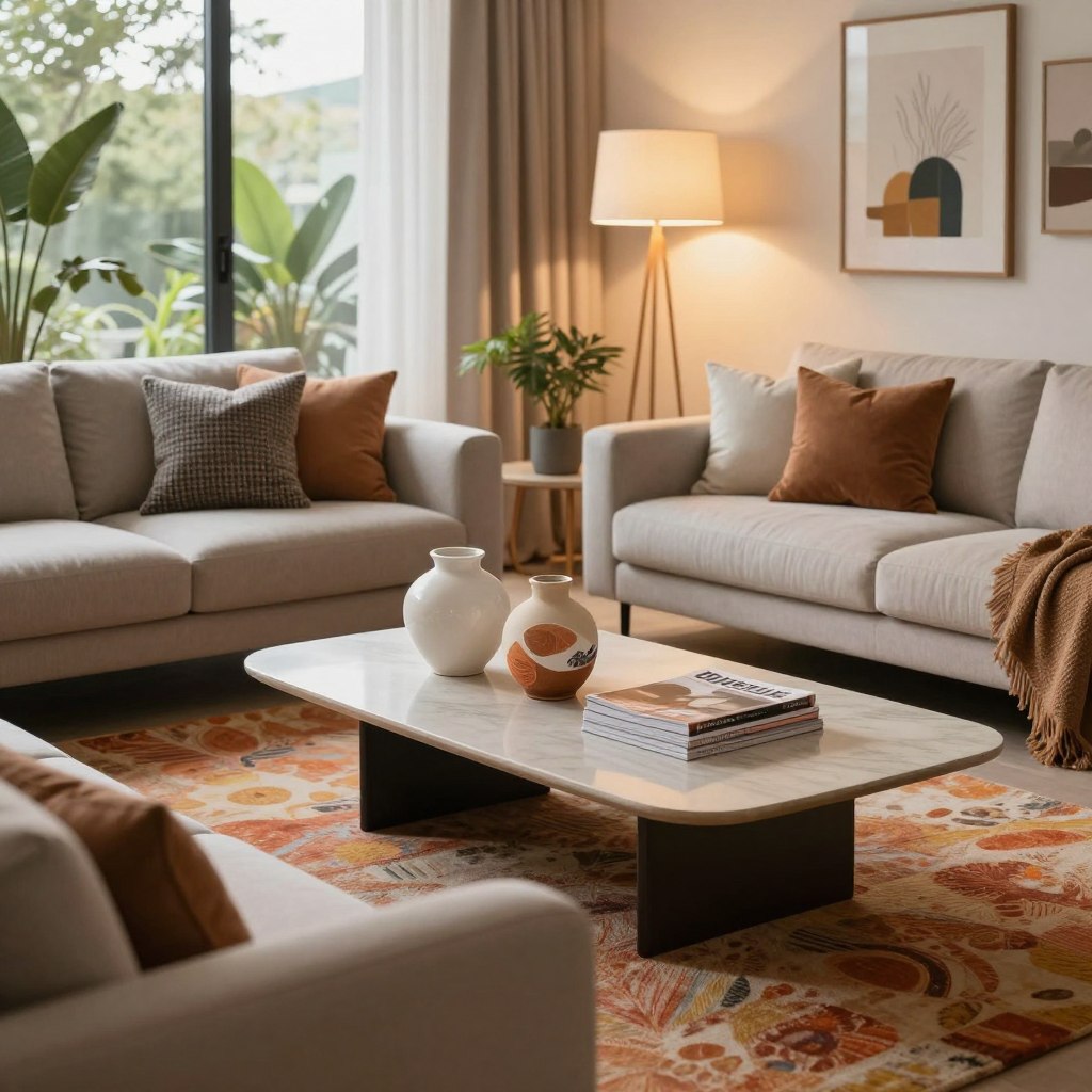 A beautifully designed modern living room showcasing the top home decor trends for 2026. In the foreground, a stylish sofa adorned with textured cushions sits atop a vibrant area rug. The middle ground features a sleek coffee table with artisanal ceramic decor and a stack of trendy home magazines. A floor lamp casts a warm, inviting glow, enhancing the cozy atmosphere. The background reveals large windows with natural light streaming in, highlighting indoor plants and contemporary artwork on the walls. Use soft, diffused lighting to create a serene ambiance, showcasing a harmonious color palette of earthy tones and subtle pastels. Capture the scene from a slightly elevated angle to emphasize the layers of decor, inviting viewers to envision enhanced living spaces inspired by current trends.