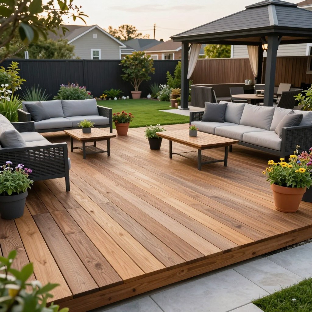 A beautifully designed modular backyard deck, showcasing an innovative changeable layout. In the foreground, sleek wooden deck panels with various textures and colors are arranged in adaptable configurations. Various furniture pieces, such as modern outdoor sofas and a dining table, create inviting communal spaces. In the middle ground, diverse plant life, including potted herbs and flowers, adds vibrant greenery. The background features a well-kept lawn and a stylish gazebo for relaxation. Soft, natural lighting captures the warmth of a late afternoon, enhancing the inviting atmosphere of outdoor living. The angle is slightly elevated, showcasing the overall design and flow of the space, inviting family gatherings and leisure activities. The mood is tranquil, emphasizing modernity and flexibility in backyard living.
