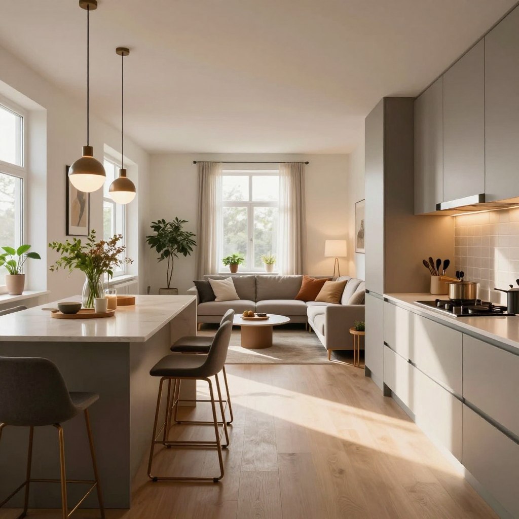 A beautifully designed open concept kitchen and living room in a small space, seamlessly blending functionality and style. The foreground features a sleek kitchen island with modern bar stools, adorned with fresh plants and contemporary kitchenware. In the middle, a cozy living area showcases a stylish sofa and a minimalist coffee table, surrounded by soft, warm lighting emanating from pendant lights above. The background reveals large windows allowing natural sunlight to flood the space, enhancing the airy atmosphere. The decor is a harmonious mix of neutral tones and pops of color, creating an inviting and vibrant ambiance. Ideal for inspiring small living solutions, the scene captures the essence of a contemporary lifestyle in a compact environment. A beautifully designed open concept kitchen and living room in a small space, seamlessly blending functionality and style. The foreground features a sleek kitchen island with modern bar stools, adorned with fresh plants and contemporary kitchenware. In the middle, a cozy living area showcases a stylish sofa and a minimalist coffee table, surrounded by soft, warm lighting emanating from pendant lights above. The background reveals large windows allowing natural sunlight to flood the space, enhancing the airy atmosphere. The decor is a harmonious mix of neutral tones and pops of color, creating an inviting and vibrant ambiance. Ideal for inspiring small living solutions, the scene captures the essence of a contemporary lifestyle in a compact environment.