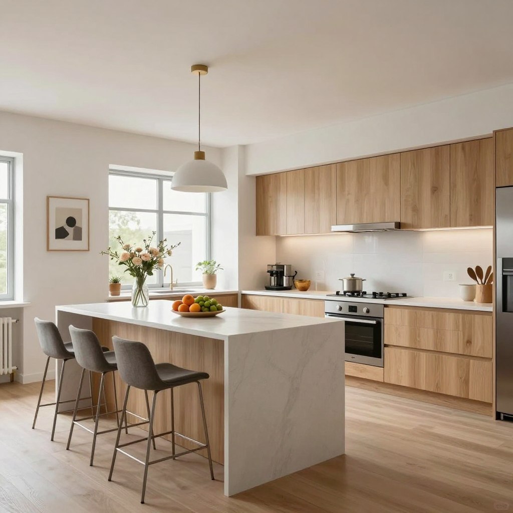 A beautifully designed open kitchen floor plan, showcasing a harmonious blend of modern and minimalist styles. In the foreground, an inviting kitchen island with sleek bar stools, adorned with fresh fruit and a small vase of flowers. In the middle, spacious countertops feature high-end appliances surrounded by light oak cabinets that enhance the bright atmosphere. The background reveals a cozy dining nook with large windows allowing natural light to flood the space, while a stylish pendant light hangs overhead. The color palette is a mix of soft whites and warm earthy tones. The scene is captured with a wide-angle lens to emphasize depth, with soft, diffused lighting creating a welcoming and airy mood, ideal for various home sizes.