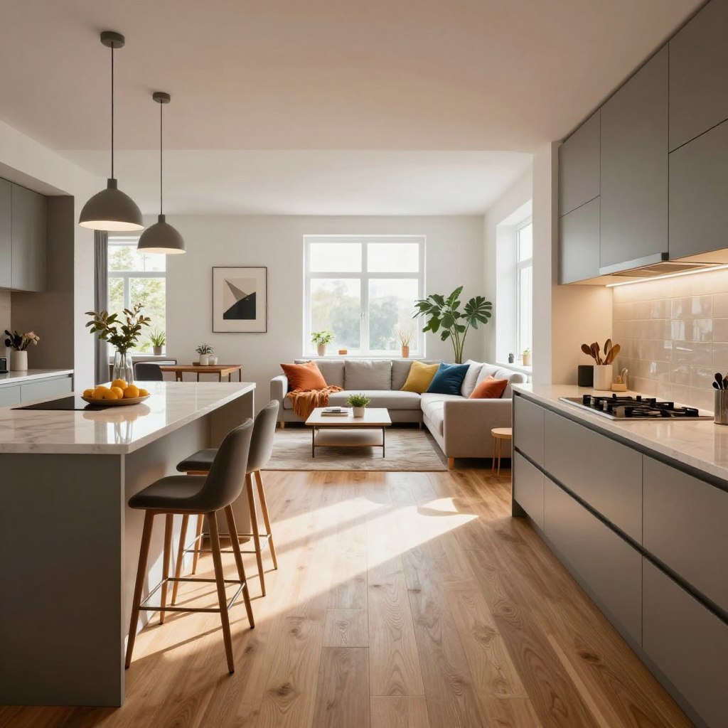 A beautifully designed open plan kitchen living room with continuous flooring, showcasing a seamless transition from the kitchen to the living area. In the foreground, a sleek modern kitchen with an island featuring a polished countertop, surrounded by stylish barstools. The living room boasts a cozy sofa adorned with colorful cushions, a coffee table, and indoor plants, creating an inviting atmosphere. In the middle, the continuous flooring, a warm wooden hue, unifies the space, enhancing its spaciousness. Soft natural light streams through large windows, casting gentle shadows and illuminating the room. The background features minimalistic decor, with art pieces and a soft rug, establishing a harmonious and contemporary vibe, ideal for small spaces. The overall mood feels bright, airy, and welcoming. A beautifully designed open plan kitchen living room with continuous flooring, showcasing a seamless transition from the kitchen to the living area. In the foreground, a sleek modern kitchen with an island featuring a polished countertop, surrounded by stylish barstools. The living room boasts a cozy sofa adorned with colorful cushions, a coffee table, and indoor plants, creating an inviting atmosphere. In the middle, the continuous flooring, a warm wooden hue, unifies the space, enhancing its spaciousness. Soft natural light streams through large windows, casting gentle shadows and illuminating the room. The background features minimalistic decor, with art pieces and a soft rug, establishing a harmonious and contemporary vibe, ideal for small spaces. The overall mood feels bright, airy, and welcoming.
