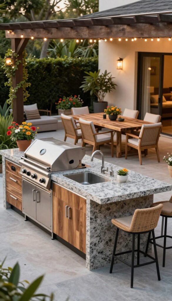 A beautifully designed outdoor kitchen island layout, featuring a modern design with sleek lines and natural materials. In the foreground, showcase a large island made of polished granite, equipped with a built-in gas grill, a double sink, and elegant bar stools for casual dining. The middle ground includes a dining area with a rustic wooden table surrounded by comfortable chairs, all framed by lush green plants and vibrant flowers. In the background, there’s a view of an inviting pergola providing shade, with twinkling string lights creating a cozy atmosphere. Use warm, natural lighting to evoke a welcoming mood, captured from an eye-level angle to emphasize the seamless connection between indoor and outdoor living.