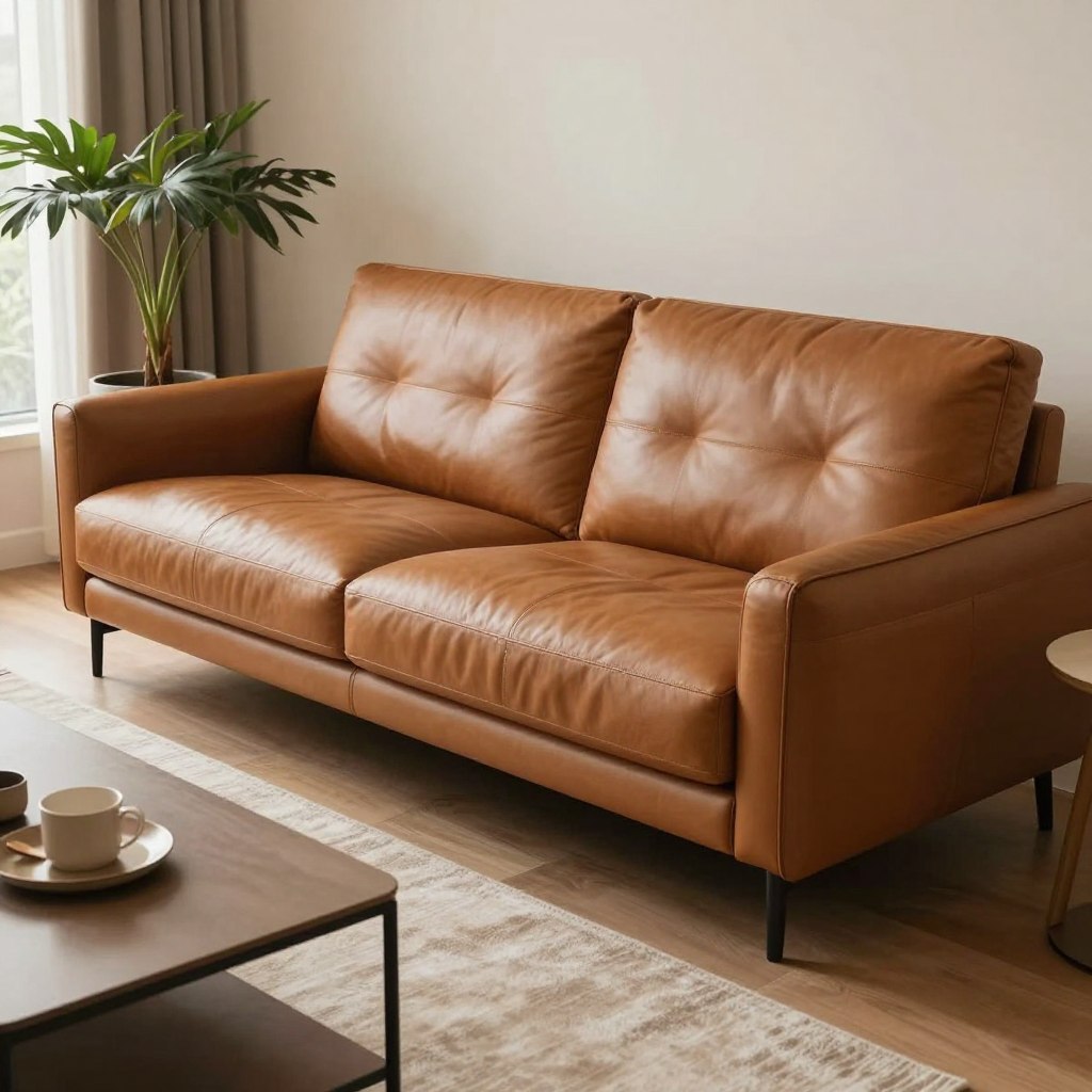 A beautifully designed premium leather sofa inspired by the Australian Outback, featuring rich tan and earthy tones. The sofa is leather with a smooth, textured finish, showcasing a modern aesthetic with clean lines and a slightly curved silhouette. In the foreground, highlight a cozy living room setting, complete with a minimalist coffee table and tasteful decorative elements like a potted plant. The middle ground captures the sofa's arrangement, emphasizing its elegant, spacious seating. In the background, subtle hints of natural light filter through large windows, enhancing the warm atmosphere. Utilize soft, diffused lighting to create an inviting ambiance, and employ a wide-angle view to showcase the sofa's grandeur while maintaining a balanced composition. The overall mood is relaxed yet sophisticated, ideal for a modern living room in 2026.