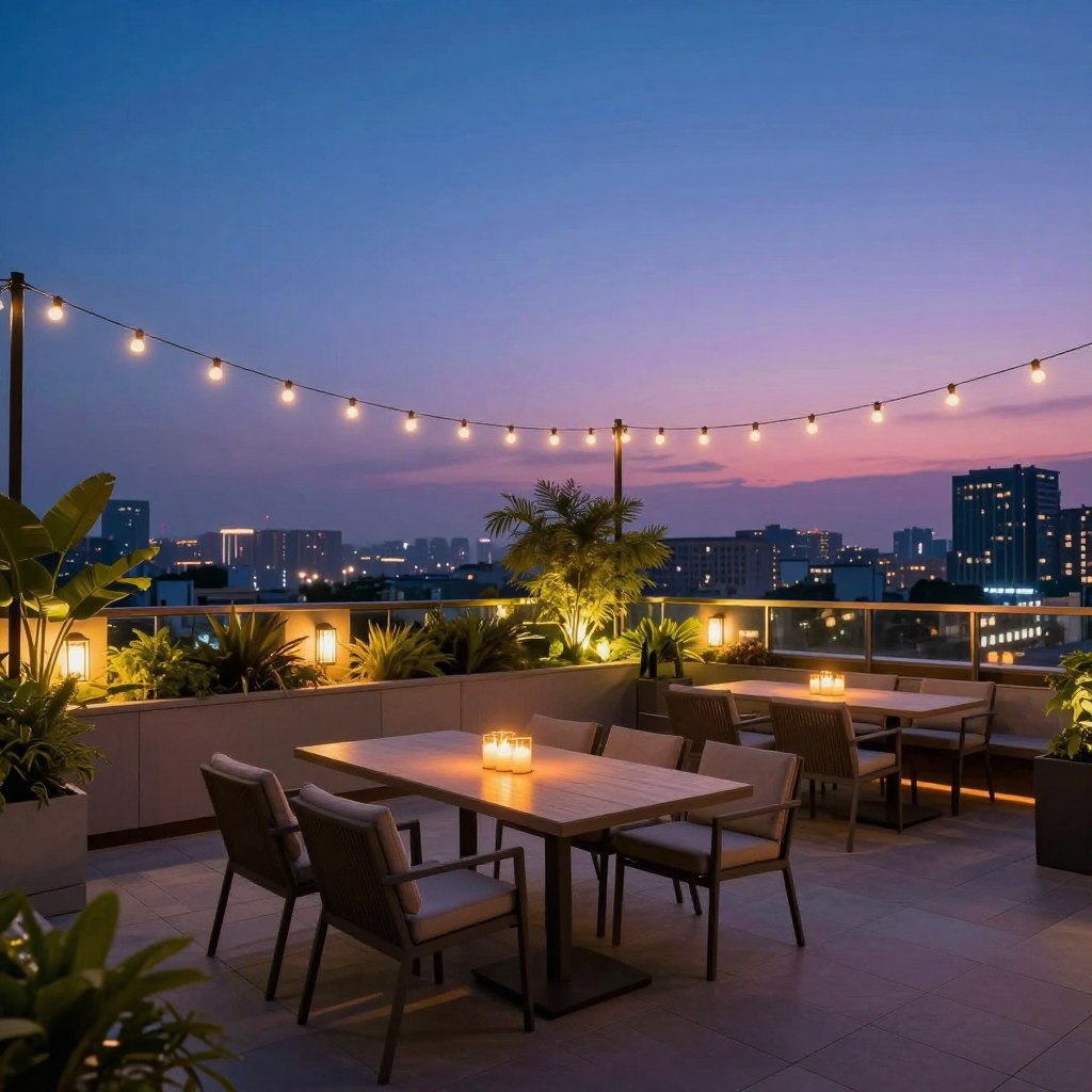 A beautifully designed rooftop terrace at twilight, showcasing strategic lighting elements that create a warm and inviting ambiance. In the foreground, elegant outdoor furniture arranged around a stylish table, adorned with soft, flickering candlelight. In the middle, a series of suspended fairy lights and subtle wall sconces illuminating lush green plants, enhancing the cozy atmosphere. The background features a stunning city skyline with soft glows from distant buildings, while the sky transitions from deep blue to shades of purple and pink. The scene captures a sense of relaxation and sophistication, ideal for entertaining guests. Employ a wide-angle lens perspective to emphasize the spaciousness and layout, with a focus on the interplay of light and shadow, evoking a magical evening mood.