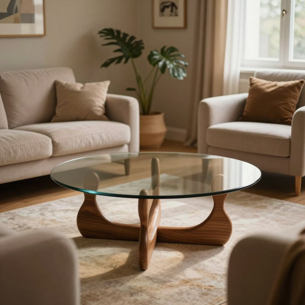 A beautifully designed round coffee table is the focal point of this cozy living space. The table features a sleek glass top with a polished wooden base, elegantly reflecting a soft, ambient light. Surrounding the table are plush, contemporary chairs, inviting and arranged in a casual yet stylish manner. In the background, a serene living room is visible, adorned with warm-toned walls and subtle decor, such as framed artworks and potted plants, contributing to a welcoming atmosphere. The image captures the scene from a slightly elevated angle, focusing on the table and its inviting arrangement. Soft natural light streams through a nearby window, creating gentle shadows and highlighting the textures in the furniture. The overall mood is relaxed and inviting, perfect for a casual gathering. A beautifully designed round coffee table is the focal point of this cozy living space. The table features a sleek glass top with a polished wooden base, elegantly reflecting a soft, ambient light. Surrounding the table are plush, contemporary chairs, inviting and arranged in a casual yet stylish manner. In the background, a serene living room is visible, adorned with warm-toned walls and subtle decor, such as framed artworks and potted plants, contributing to a welcoming atmosphere. The image captures the scene from a slightly elevated angle, focusing on the table and its inviting arrangement. Soft natural light streams through a nearby window, creating gentle shadows and highlighting the textures in the furniture. The overall mood is relaxed and inviting, perfect for a casual gathering.