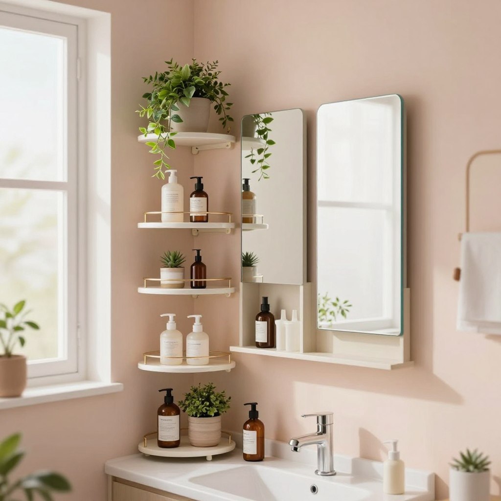 A beautifully designed small bathroom featuring innovative vertical storage solutions and smart shelving. In the foreground, stylish tiered shelves hold neatly organized toiletries and decorative plants, accented by a warm, inviting color palette. The middle layer shows a compact vanity with elegant mirrors and wall-mounted storage, framed by soft, natural light filtering through a frosted window. The background highlights a calming painted wall in a soft pastel hue, enhancing the feeling of openness. The overall atmosphere is serene and modern, showcasing a clever use of space. The scene is captured with a soft-focus lens effect, creating an inviting and refreshing ambiance, perfect for a compact bathroom makeover.