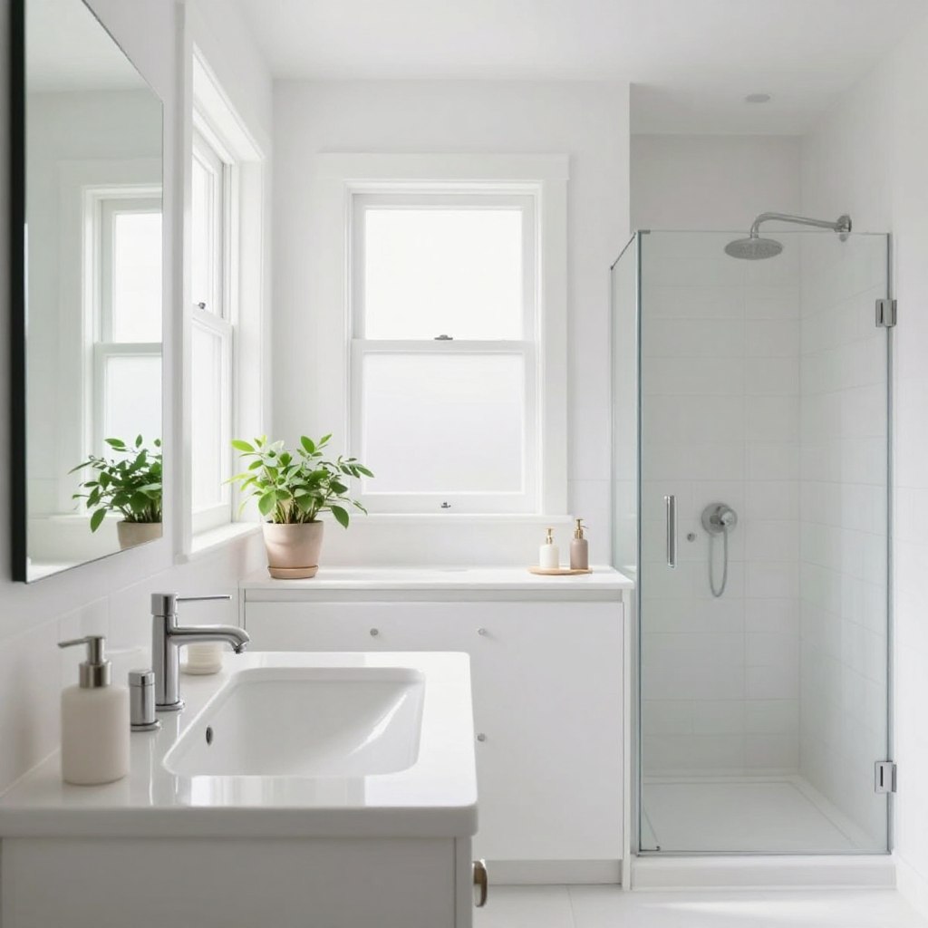 A beautifully designed small bathroom featuring pure, bright white walls, reminiscent of Benjamin Moore's "Chantilly Lace." In the foreground, there is a stylish, modern sink with sleek fixtures, complemented by minimalist decor elements like a potted plant and elegant soap dispenser. The middle showcases a well-lit vanity area with a mirror reflecting the bright white walls, accentuated by natural light streaming through a frosted window. In the background, tasteful, light-colored tiles and a walk-in shower create an open and airy feel. The scene exudes freshness and cleanliness, with soft, diffused lighting enhancing the spacious atmosphere while maintaining a warm, inviting mood, inviting viewers to envision a bright, serene space perfect for rejuvenation. A beautifully designed small bathroom featuring pure, bright white walls, reminiscent of Benjamin Moore's "Chantilly Lace." In the foreground, there is a stylish, modern sink with sleek fixtures, complemented by minimalist decor elements like a potted plant and elegant soap dispenser. The middle showcases a well-lit vanity area with a mirror reflecting the bright white walls, accentuated by natural light streaming through a frosted window. In the background, tasteful, light-colored tiles and a walk-in shower create an open and airy feel. The scene exudes freshness and cleanliness, with soft, diffused lighting enhancing the spacious atmosphere while maintaining a warm, inviting mood, inviting viewers to envision a bright, serene space perfect for rejuvenation.