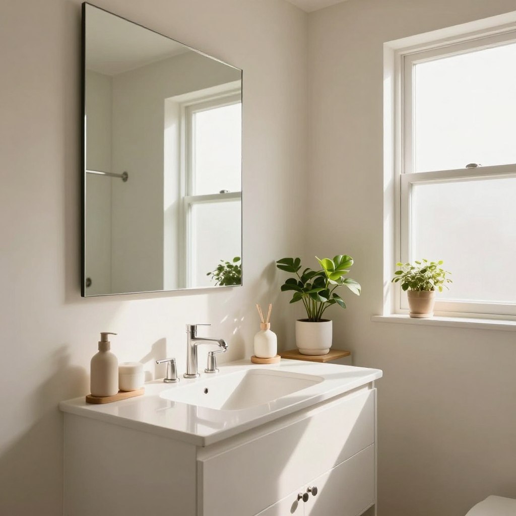 A beautifully designed small bathroom featuring warm, off-white walls reminiscent of Benjamin Moore "White Dove." In the foreground, a sleek white countertop with a modern sink and stylish fixtures, complemented by elegant bathroom accessories. The middle ground showcases a large mirror that reflects natural light, enhancing the airy atmosphere, while a touch of greenery is added with potted plants on the windowsill. The background includes soft light streaming in through a frosted glass window, creating a serene ambiance. The overall mood is calming and inviting, with a clean, minimalist aesthetic that maximizes the perception of space. Soft shadows and gentle highlights emphasize the warm color tones, using natural lighting to add depth and dimension. A beautifully designed small bathroom featuring warm, off-white walls reminiscent of Benjamin Moore "White Dove." In the foreground, a sleek white countertop with a modern sink and stylish fixtures, complemented by elegant bathroom accessories. The middle ground showcases a large mirror that reflects natural light, enhancing the airy atmosphere, while a touch of greenery is added with potted plants on the windowsill. The background includes soft light streaming in through a frosted glass window, creating a serene ambiance. The overall mood is calming and inviting, with a clean, minimalist aesthetic that maximizes the perception of space. Soft shadows and gentle highlights emphasize the warm color tones, using natural lighting to add depth and dimension.