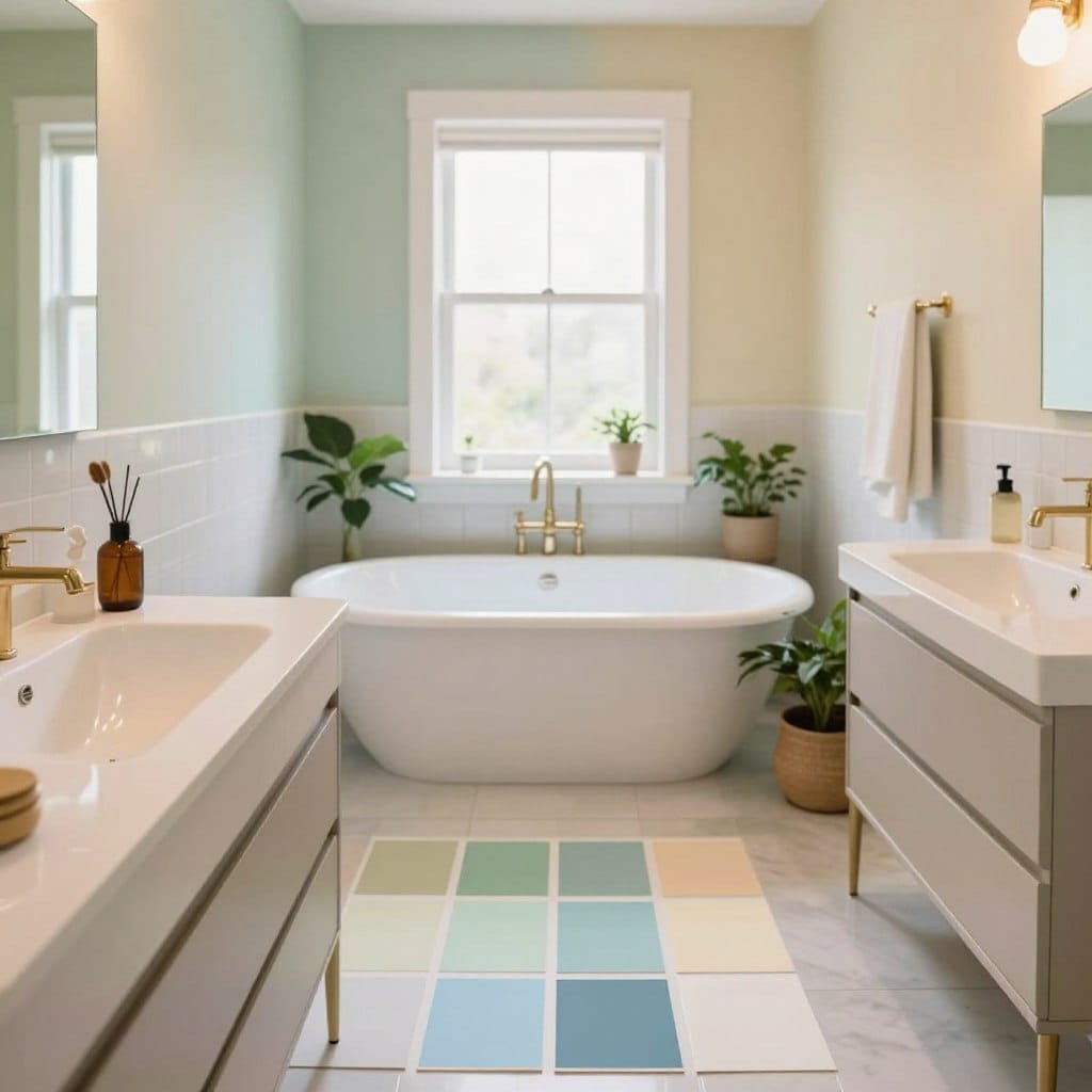 A beautifully designed small bathroom showcasing a harmonious blend of paint colors inspired by color science. In the foreground, a sleek, modern vanity with vibrant paint swatches laid out, including soft pastel blues, light greens, and warm creams, illustrating the psychological effects of colors in a confined space. In the middle, a stylish bathtub with a refreshing light-reflecting surface, surrounded by plants that add a touch of nature. The background features a soft-lit, airy window that allows natural light to fill the room, enhancing the colors while creating a serene ambiance. The atmosphere is uplifting and inviting, highlighting how strategic color choices can visually expand a small space. The image is expertly captured with a warm, diffuse light that accentuates the subtle tones, using a wide-angle lens to emphasize the room's depth.