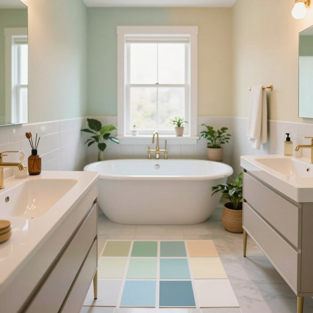 A beautifully designed small bathroom showcasing a harmonious blend of paint colors inspired by color science. In the foreground, a sleek, modern vanity with vibrant paint swatches laid out, including soft pastel blues, light greens, and warm creams, illustrating the psychological effects of colors in a confined space. In the middle, a stylish bathtub with a refreshing light-reflecting surface, surrounded by plants that add a touch of nature. The background features a soft-lit, airy window that allows natural light to fill the room, enhancing the colors while creating a serene ambiance. The atmosphere is uplifting and inviting, highlighting how strategic color choices can visually expand a small space. The image is expertly captured with a warm, diffuse light that accentuates the subtle tones, using a wide-angle lens to emphasize the room's depth. A beautifully designed small bathroom showcasing a harmonious blend of paint colors inspired by color science. In the foreground, a sleek, modern vanity with vibrant paint swatches laid out, including soft pastel blues, light greens, and warm creams, illustrating the psychological effects of colors in a confined space. In the middle, a stylish bathtub with a refreshing light-reflecting surface, surrounded by plants that add a touch of nature. The background features a soft-lit, airy window that allows natural light to fill the room, enhancing the colors while creating a serene ambiance. The atmosphere is uplifting and inviting, highlighting how strategic color choices can visually expand a small space. The image is expertly captured with a warm, diffuse light that accentuates the subtle tones, using a wide-angle lens to emphasize the room's depth.