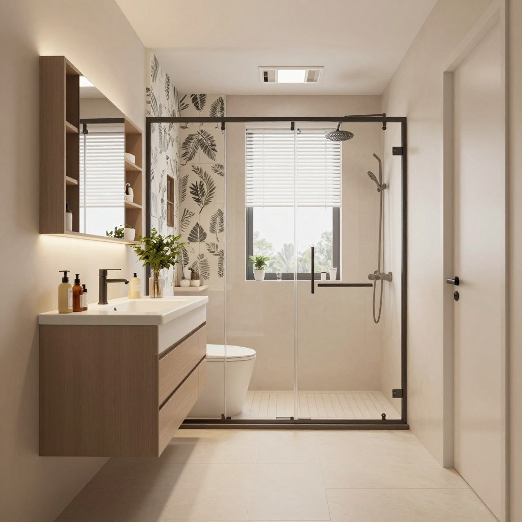 A beautifully designed small bathroom showcasing innovative space-saving solutions. The foreground features a sleek, modern vanity with a floating sink, surrounded by smart storage options like built-in shelves and cabinets. In the middle, an elegant shower area with glass doors and trendy tiles contrasts with a clever use of mirrors that amplify light and space. The background includes a compact toilet positioned strategically, complemented by lush greenery adding a touch of freshness. Soft, warm lighting creates an inviting atmosphere, highlighting the bathroom's details and textures. The perspective is a wide-angle view to encompass the full layout, emphasizing functionality and style in a small footprint. The overall mood is airy and uplifting, capturing the potential of small bathroom designs beautifully.