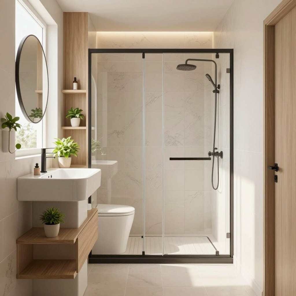 A beautifully designed small bathroom showcasing smart design ideas for maximizing space. In the foreground, a modern pedestal sink with sleek lines and organized shelving underneath, adorned with small potted plants for a touch of greenery. The middle ground features a compact shower enclosure with glass doors, showcasing spaciousness, complemented by elegant tile work. In the background, clever storage solutions such as vertical cabinets and floating shelves can be seen, blending functionality with style. Soft, natural lighting streams in from a window, casting a warm glow over the space. The overall atmosphere is bright, inviting, and efficiently designed, embodying the essence of creativity in small bathroom spaces.