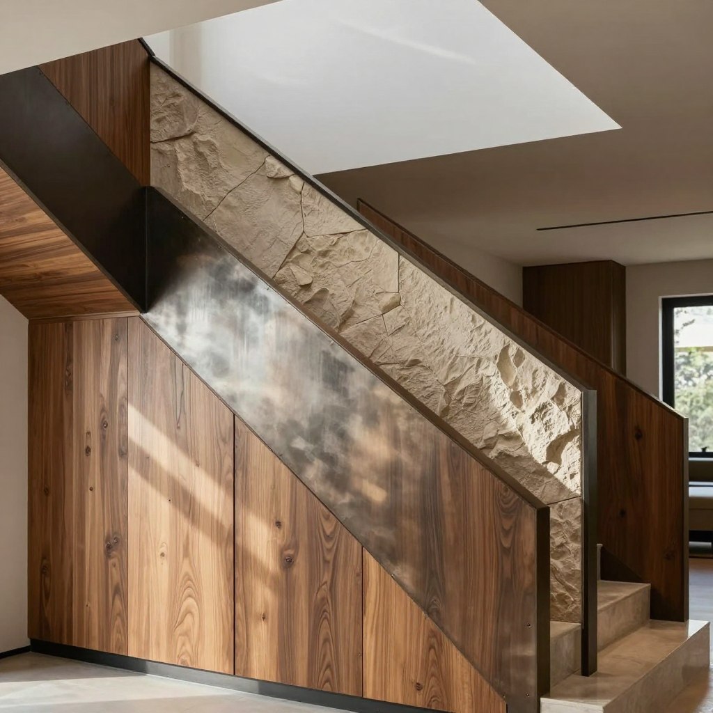 A beautifully designed staircase showcasing mixed material wall panels, combining sleek wood, metal, and textured stone elements. The foreground features elegant wooden paneling with unique grain patterns, contrasted by modern metal accents that catch the light. In the middle area, intricate stone textures add depth and interest to the staircase's side, seamlessly blending with the materials above. The background softly fades, highlighting the staircase while maintaining a minimalistic aesthetic. Natural light streams in from a nearby window, casting gentle shadows that enhance the textures of the panels. The mood is contemporary and sophisticated, perfect for a modern home. The image is captured from a slightly elevated angle, emphasizing the craftsmanship and design innovation of the staircase.