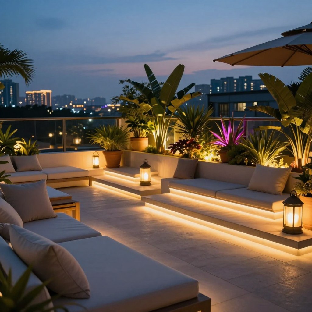 A beautifully designed terrace at dusk, showcasing layered LED lighting elements that create a warm and inviting ambiance. In the foreground, elegant furniture with soft cushions is illuminated by subtle LED strips along the edges, casting a gentle glow. The middle ground features a stunning array of potted plants and lanterns, each adorned with soft, colorful LED uplighting that adds depth and dimension. In the background, the city skyline is visible against a twilight sky, with distant buildings softly illuminated, complementing the terrace's cozy atmosphere. The angle captures the inviting layout from a slightly elevated perspective, emphasizing the interplay of lights, shadows, and the tranquil evening mood, perfect for relaxation and social gatherings.