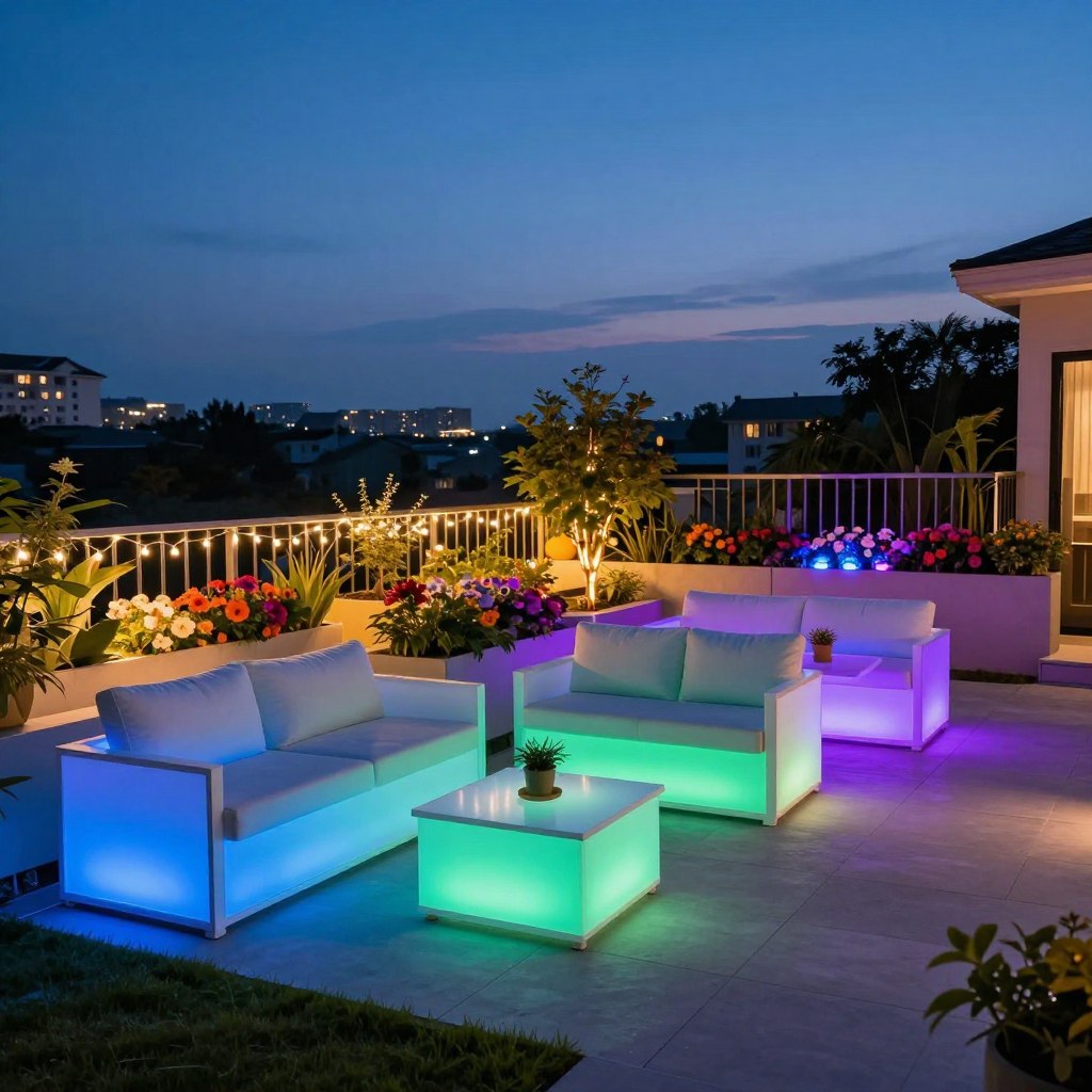 A beautifully designed terrace at twilight, featuring an array of color-changing LED lights illuminating various areas. In the foreground, a cozy seating arrangement with contemporary outdoor furniture, softly glowing with hues of blue, green, and purple from the LEDs. In the middle, cascading string lights hang over planters filled with vibrant flowers, their colors shifting to match the LED lights. The background reveals a serene skyline punctuated by silhouettes of distant buildings under a deepening blue sky. Soft lighting creates a warm, inviting atmosphere, perfect for mood and entertainment. The scene is captured with a wide-angle lens, highlighting the integration of technology and nature in outdoor design. The overall mood is enchanting and festive, showcasing a modern outdoor living space.
